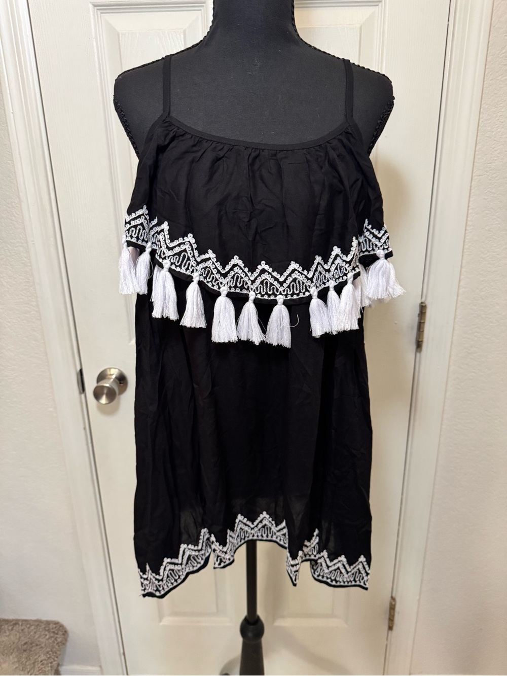 Tiare Hawaii Black Mini dress with White Tassel Trim